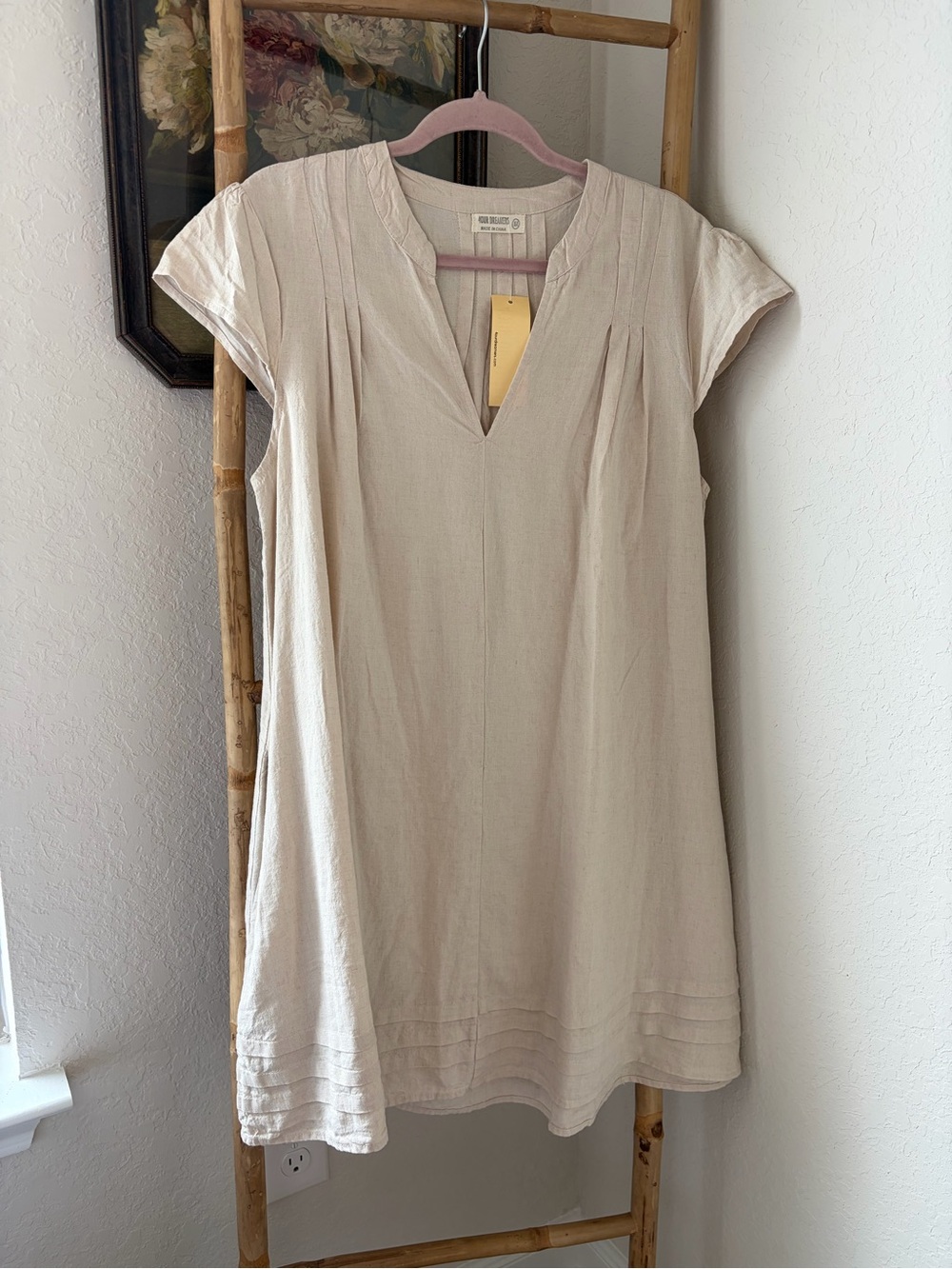 4OUR Dreamers Beige Linen Cap Sleeve Mini Dress Sz M
